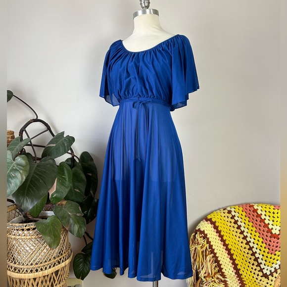 Vintage 70’s Young Edwardian Royal Blue Angel Sleeve Sheer Midi Dress - Picture 3 of 14